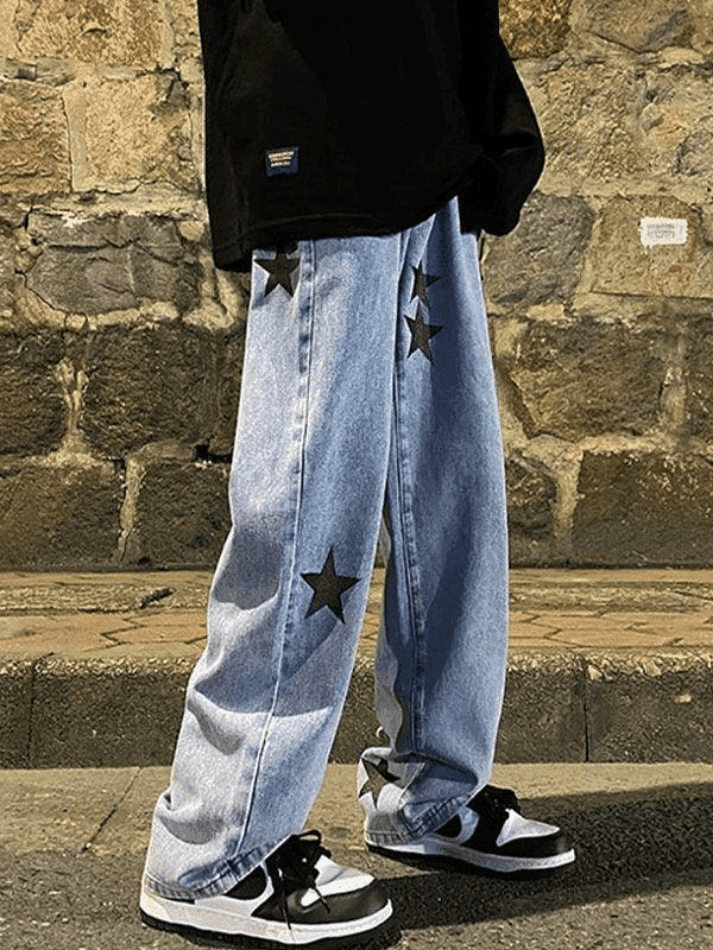 Threebooy Men's Washed Vintage Star Straight Leg Jeans